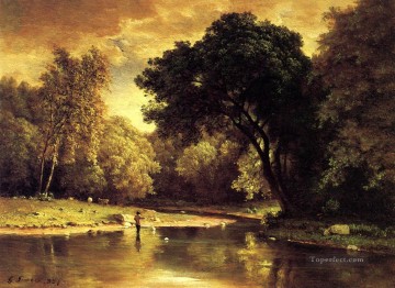 stream Painting - Fisherman in a Stream landscape Tonalist George Inness